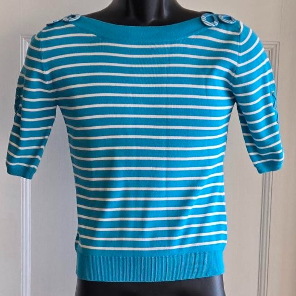 JOSEPH A. BLUE WHITE STRIPE TOP 3/4 SLEEVE SIZE M